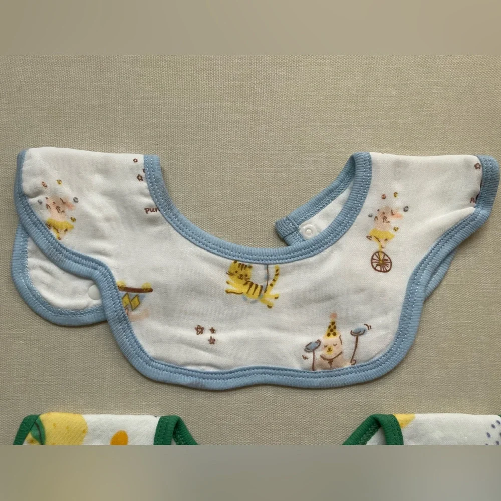 Baby Bib Set - Blue, Green & Yellow Scalloped Cotton Bibs